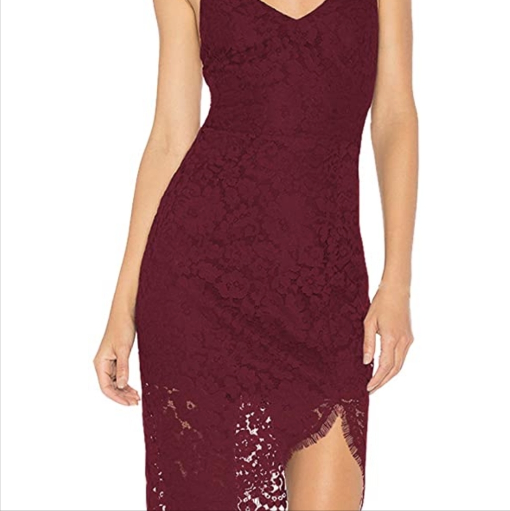 New Women's Red Lace Bodycon High-Low Dress - Medium